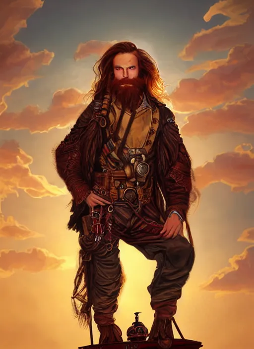 Image similar to portrait painting of a handsome face rugged long hair crimson hair male captain, top half portrait soft hair steampunk ornate mechanical zeppelin airship in the background sky sunset golden hour fantasy rugged book cover art atmospheric lighting art by mullins rutkowski bussiere