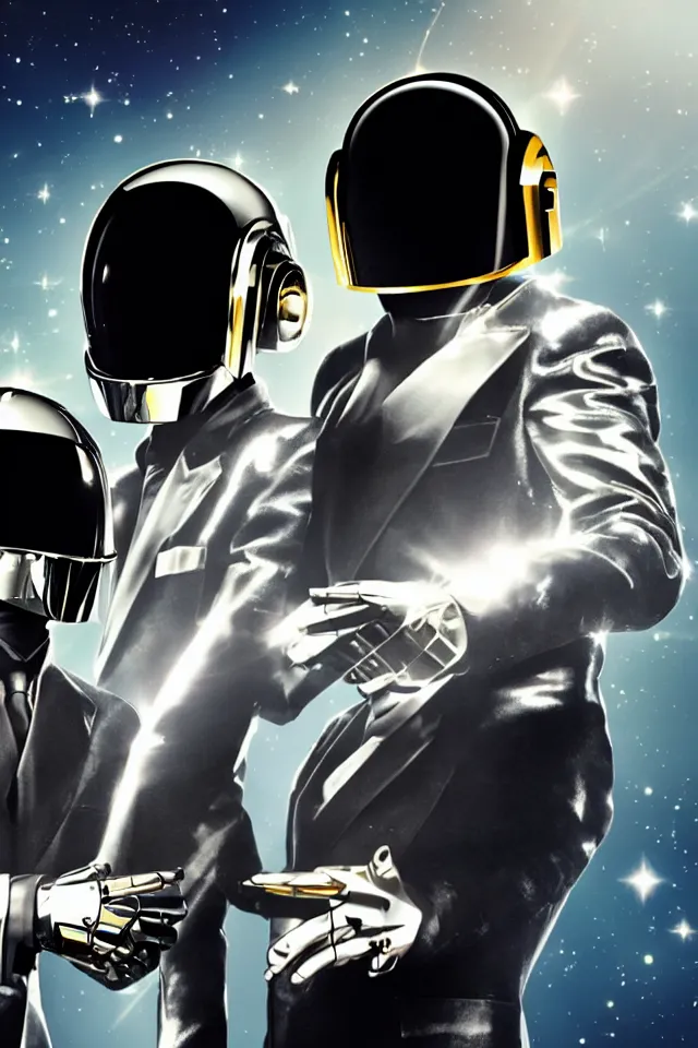 Image similar to The Daft Punk duo on top of a spaceship