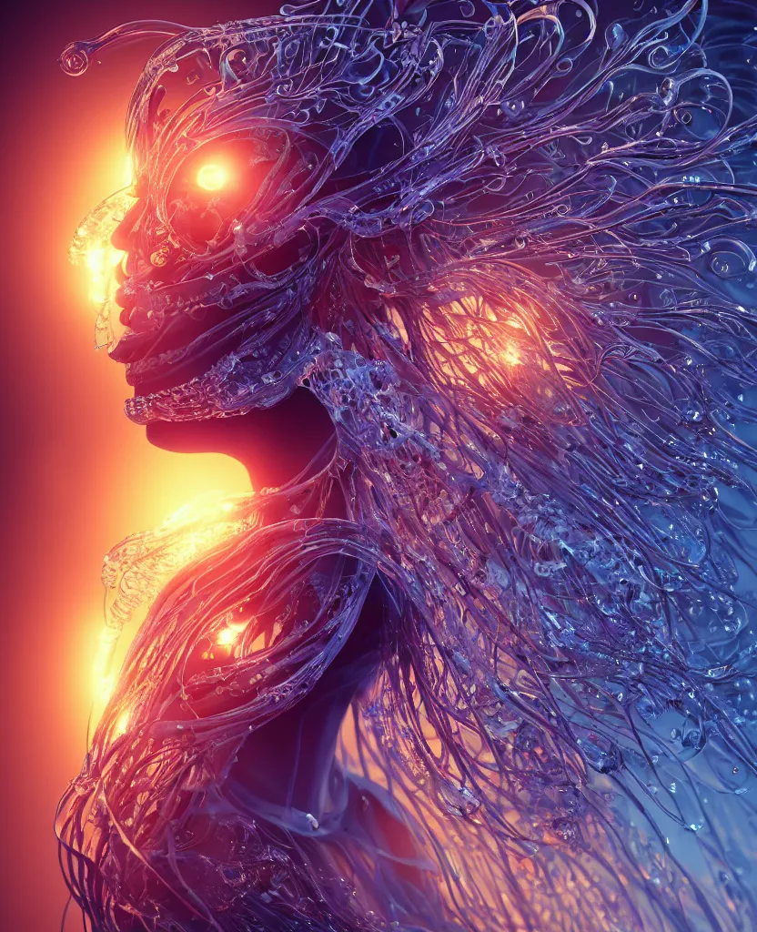 Image similar to close-up macro portrait of the face of a beautiful princess, epic angle and pose, symmetrical artwork, 3d with depth of field, blurred background, cybernetic jellyfish female face skull phoenix bird, translucent, nautilus, energy flows of water and fire. a highly detailed epic cinematic concept art CG render. made in Maya, Blender and Photoshop, octane render, excellent composition, cinematic dystopian brutalist atmosphere, dynamic dramatic cinematic lighting, aesthetic, very inspirational, arthouse. y Greg Rutkowski, Ilya Kuvshinov, WLOP, Stanley Artgerm Lau, Ruan Jia and Fenghua Zhong