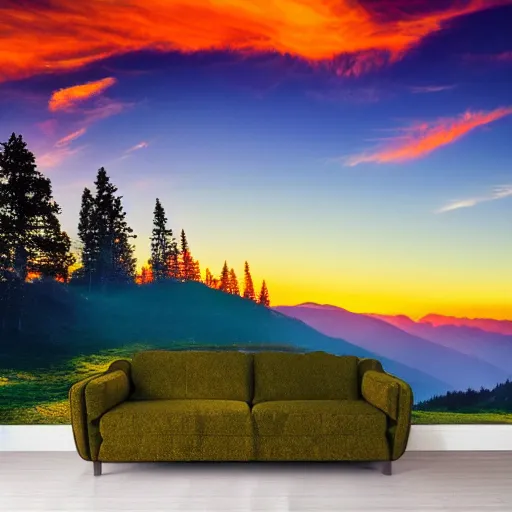 Image similar to Chill wallpaper of mountains in front of a sunset, highly detailed, colourful, peaceful