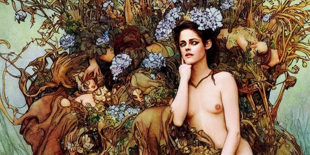 Prompt: kristen stewart as a sultry warrior sitting on top of a cornucopia, mucha meets norman lindsay style