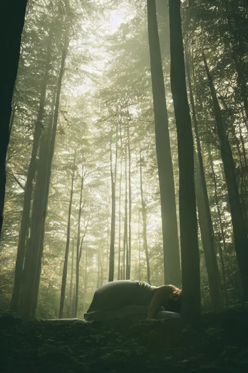 Image similar to fuji 5 0 r 3 5 mm, architectural studio magazine photography, soft light, golden hour, sci - fi interior, forest background, sleeping woman, fog