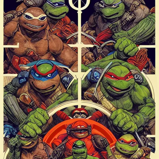 Prompt: portrait of crazy teenage mutant ninja turtles, symmetrical, by yoichi hatakenaka, masamune shirow, josan gonzales and dan mumford, ayami kojima, takato yamamoto, barclay shaw, karol bak, yukito kishiro