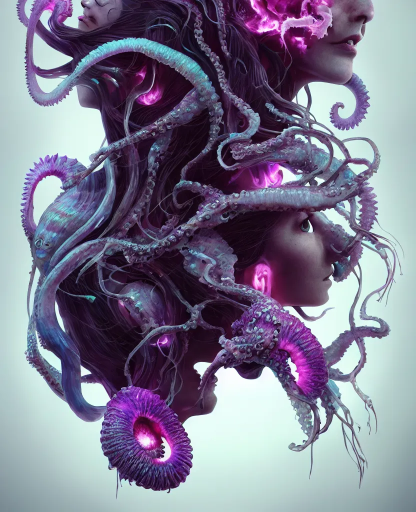 Image similar to goddess close - up portrait human skull, ram skull, squid phoenix jellyfish, orchid, betta fish, bioluminiscent, intricate artwork by tooth wu and wlop and beeple. octane render, trending on artstation, greg rutkowski very coherent symmetrical artwork. cinematic, hyper realism, high detail, octane render, 8 k