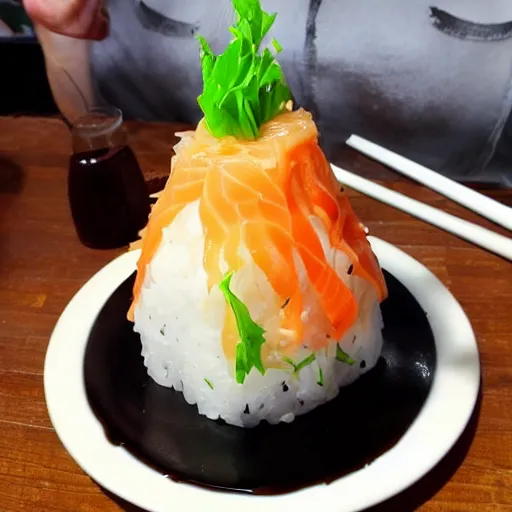 Prompt: a sushi volcano, rice piled high with sushi toppings and sauce as the lava, sushi volcano 🌋 🍣