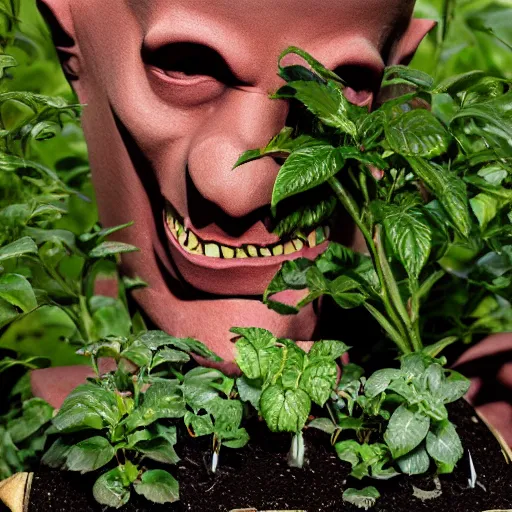 Image similar to portrait of nosferatu giving water to plants in the garden, realistic detailed photography, 5 0 mm lens