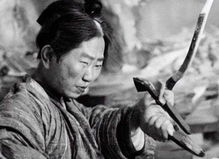 Image similar to a movie still of a samurai slicing a loaf of bread, a movie by Akira Kurosawa