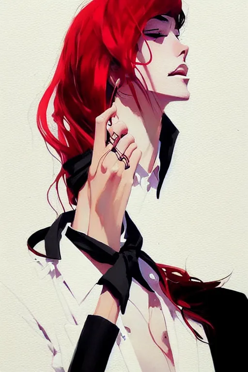 Image similar to a ultradetailed beautiful panting of a stylish woman, she is wearing a white shirt with a tie and black pants, by conrad roset, greg rutkowski and makoto shinkai trending on artstation