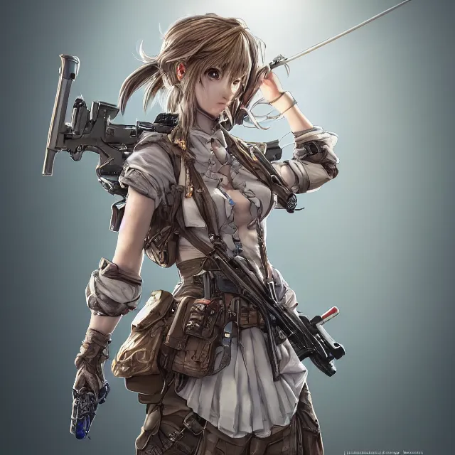 Image similar to the portrait of lawful neutral semi - colorful female infantry gunner as absurdly beautiful, gorgeous, elegant, young anime girl, an ultrafine hyperdetailed illustration by kim jung gi, irakli nadar, intricate linework, bright colors, octopath traveler, final fantasy, unreal engine 5 highly rendered, global illumination, radiant light, detailed and intricate environment