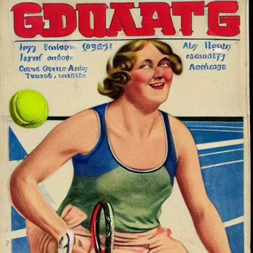 Prompt: a 1 9 2 8 cover of a quality magazine. happy, healthy, beautiful, smiling, young, sporty, glowing woman in decent athletic wear playing tennis. hyper - realistic detailed color drawing