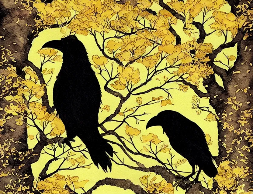 Image similar to faerie raven in a gingko tree. this watercolor and gold leaf work by the award - winning mangaka has a beautiful composition and intricate details.
