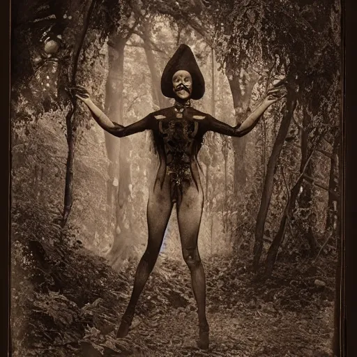 Image similar to 1860 photo of an old freak show spider-woman, on the middle of a forest, spooky , veins, arteries, intricate, golden ratio, full frame, elegant, highly detailed, ornate, ornament, sculpture, elegant , luxury, beautifully lit, ray trace, 3d, PBR