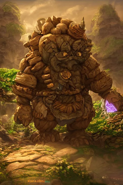 Image similar to zelda fantasy art giant golem troll wood rock greeble gemstone, global illumination ray tracing hdr fanart arstation by sung choi and eric pfeiffer and gabriel garza and casper konefal