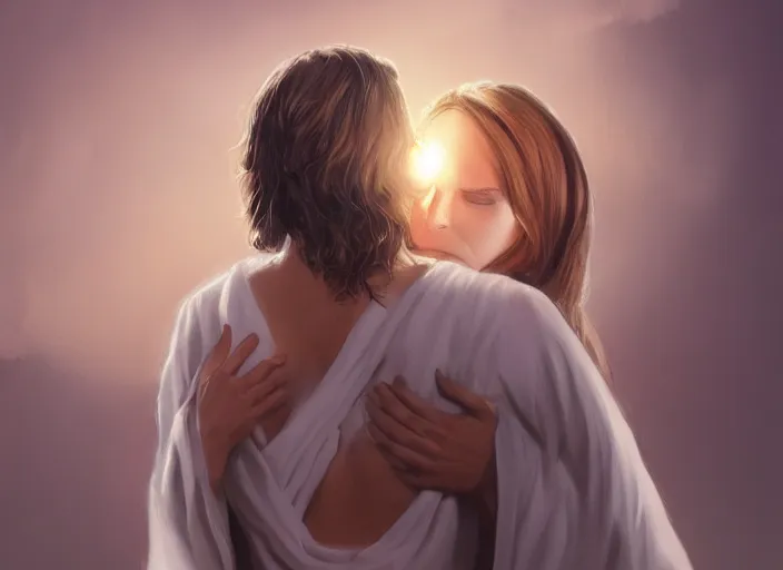 Image similar to jesus hugging a woman from behind, white robe, spirit hugs, gold trim, atmoshperic, elegant, sharp focus, red sun, huge lips, poses by satine zillah, environment by hw 6 5 2 3, art by ilya ozornin, artstation, intricate details, concept art