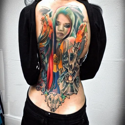 Image similar to muscular girl, long hair, tattooed back, photo