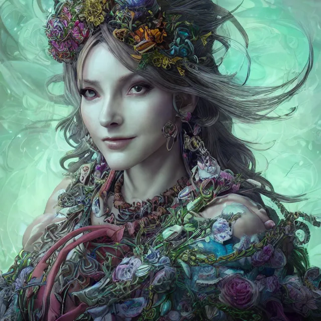 Image similar to the portrait of chaotic good female druid alchemist as absurdly beautiful, gorgeous, elegant, happy woman, an ultrafine hyperdetailed illustration by kim jung gi, irakli nadar, intricate linework, sharp focus, bright colors, octopath traveler, final fantasy, unreal engine 5 highly rendered, global illumination, radiant light, detailed and intricate environment