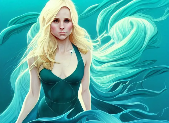 Image similar to style artgerm, joshua middleton, beautiful kristen bell with green dress, very long blue hair, symmetrical face, symmetrical eyes, water powers water swirling, detailed, beach setting, cinematic lighting