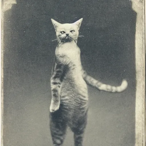 Prompt: daguerrotype of rare photo of cat dancing on hind legs from 1 8 7 9, vintage 1 9 th century photography