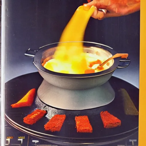 Prompt: a 1 9 7 0 s cook book picture of lava fondue fountain
