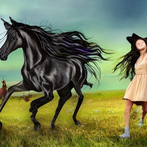 Image similar to a witch transforming people into horses with her magical powers , in a meadow