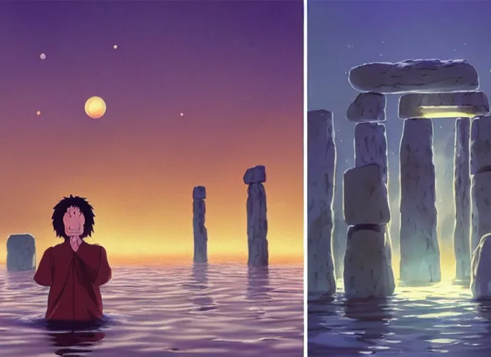 Prompt: a realistic cell - shaded studio ghibli concept art from paprika ( 2 0 0 6 ) of a floating cube from close encounters of the third kind ( 1 9 7 7 ) and a monk meditating on top of a pillar in a flooded stonehenge on a misty starry night. very dull colors, hd, 4 k, hq