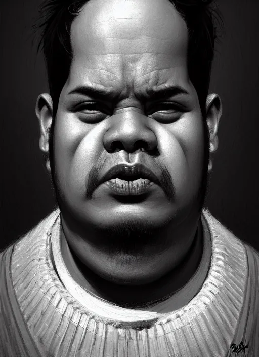 Image similar to portrait of a wide faced peruvian man with a crooked nose and a confident expression, 1 9 6 0 s, black clothes, goth, punk, brightly coloured hair, funk, intricate, elegant, highly detailed, digital painting, artstation, concept art, smooth, sharp focus, illustration, art by wlop, mars ravelo and greg rutkowski