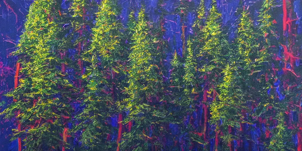 Prompt: 🌲🌌, acrylic on canvas, expressionism movement, breathtaking detailed, by blake neubert, photorealistic