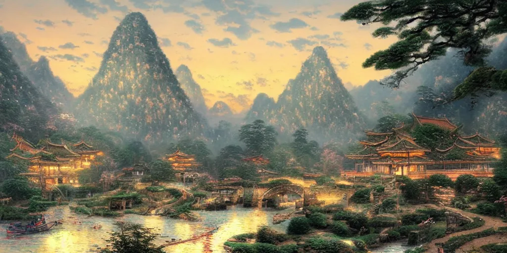 Prompt: beautiful ancient china landscape by thomas kinkade, trending on artstation