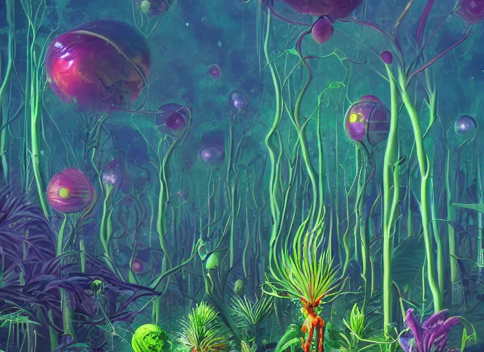Prompt: a forest of alien plants, award winning concept art, colorful, vibrant, surreal, from a science fiction book cover, trending on artstation