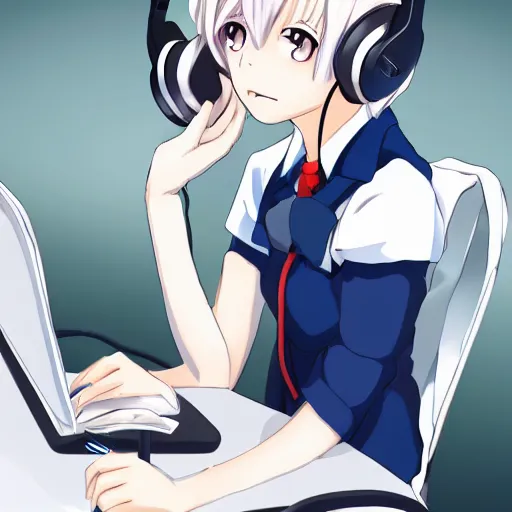 Image similar to anime girl, short white hair, blue eyes, wearing cat ear headphones, sitting at desk at keyboard, programming, pixiv, anime