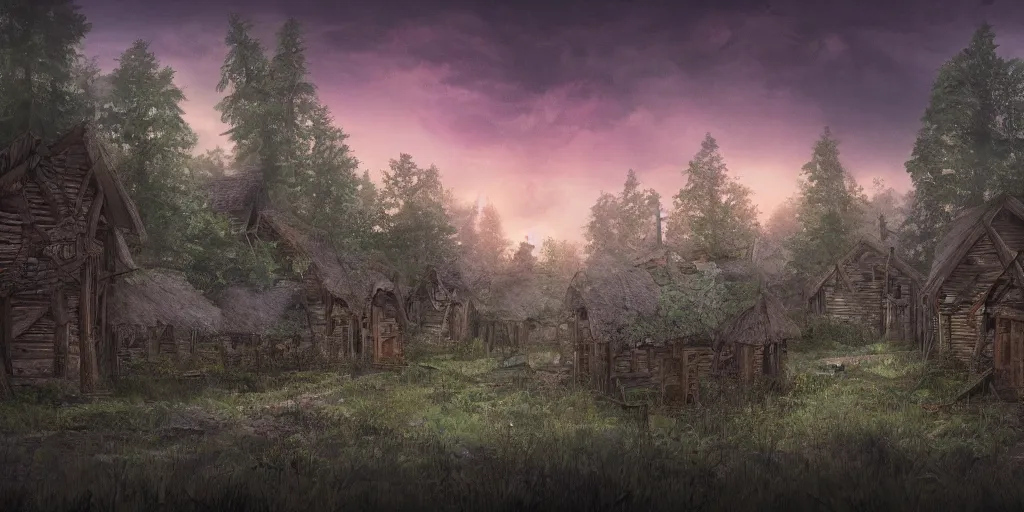 Prompt: an abandoned forest village in dnd at dusk, high definition