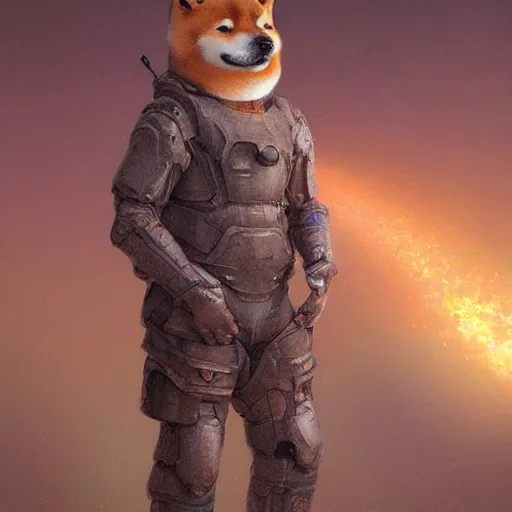 Image similar to realistic anthropomorphic shiba inu, tactical exoskeleton suit, fantasy science fiction, glowing electric aura, by donato giancola and greg rutkowski and wayne barlow and zdzisław beksinski, realistic face, visible face, digital art, artstation, symmetry