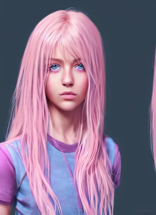 Prompt: concept art for the main character in the award winning film named life is better in pink. the character is a unnaturally beautiful teenage girl with extremely detailed deep light blue eyes and long curled pink dyed hair, wearing light pink clothes. realistic cg render, anatomically correct, high key lighting, trending on art station, vibrant colors.