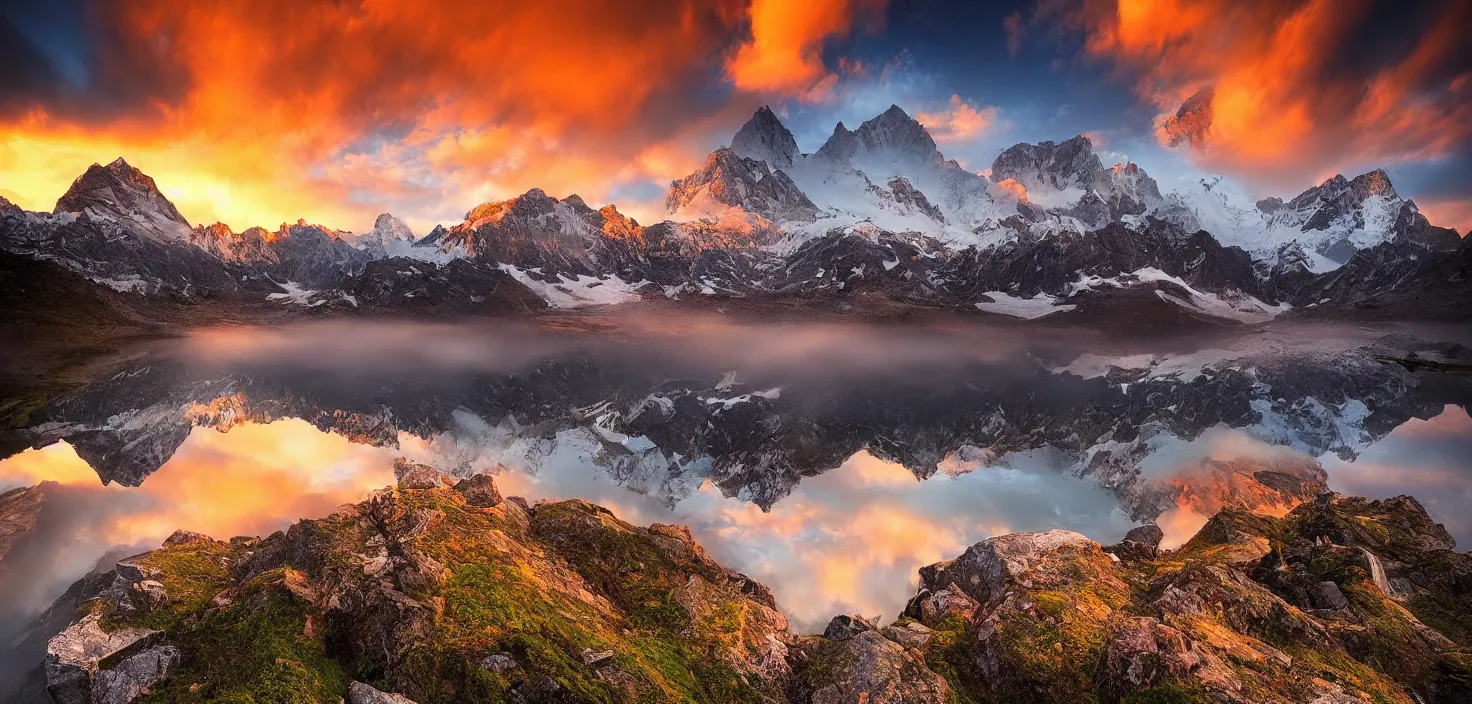 Image similar to amazing landscape photo of mountains with lake in sunset by marc adamus, beautiful dramatic lighting