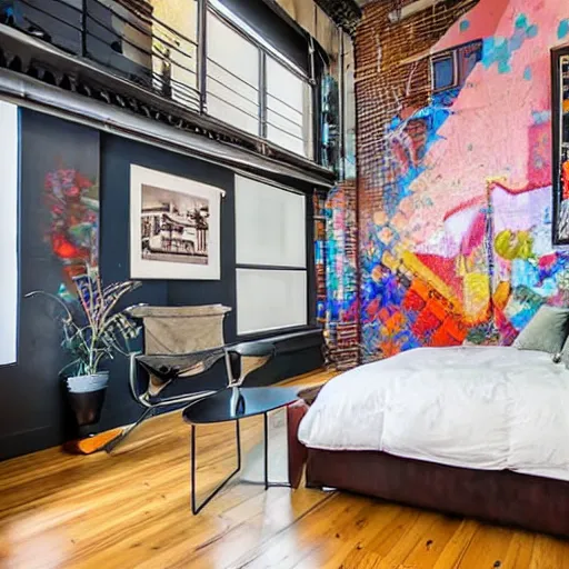 Image similar to trendy downtown loft with modern murals on the wall, modern art and patterns, interior design, beautiful architecture