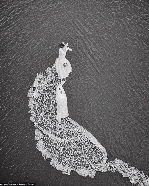 Image similar to a woman standing at the shore, made of intricate decorative lace leaf skeleton, shot from a drone, in the style of the dutch masters and gregory crewdson, dark and moody