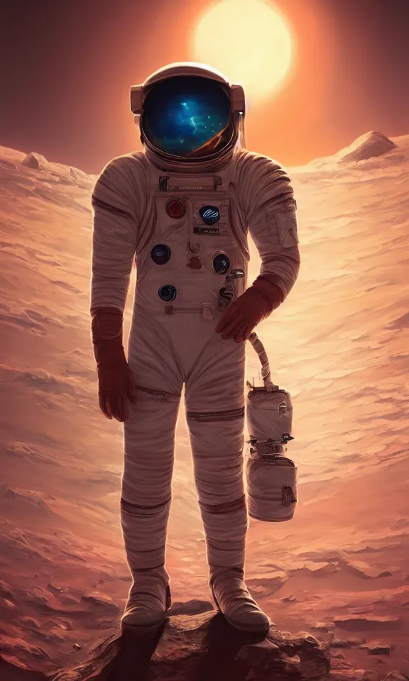 Image similar to astronaut posing on mars, portrait, full body shot, digital art, concept art, fantasy art, highly detailed, hd wallpaper, hdr, artstation, deviantart, behance
