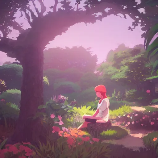 Image similar to woman sitting in a fantasy garden, cottagecore, atey ghailan, goro fujita, studio ghibli, rim light, sharp lighting, clear focus, very coherent,