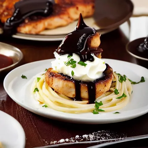 Prompt: photograph of Chicken Piccata from Cheesecake Factory made with chocolate sauce and whipped cream