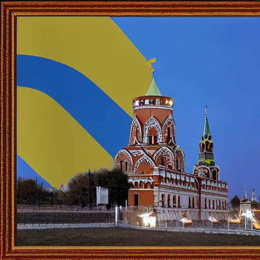 Image similar to A historic photo of Kremlin with Ukrainian flags, 4k, award-winning