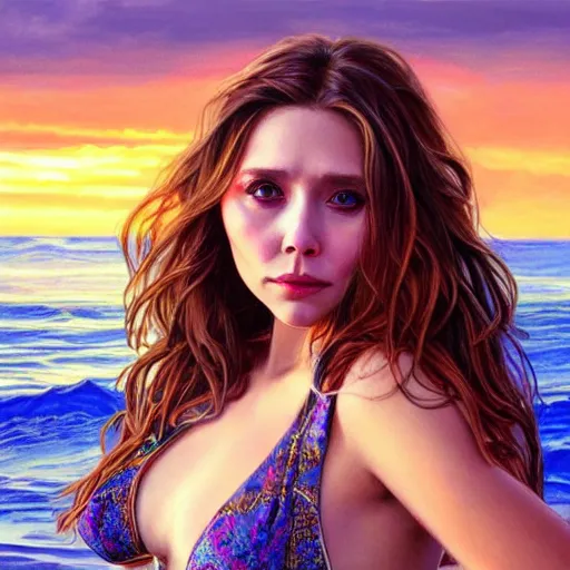 Image similar to Elizabeth Olsen wearing a bikini in a beach, sunset, cute, fantasy, intricate, elegant, highly detailed, centered, digital painting, artstation, concept art, smooth, sharp focus, illustration, art by artgerm and H R Giger and alphonse mucha