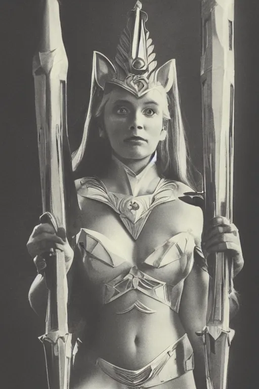 Prompt: she - ra, portrait, full body, symmetrical features, 1 8 8 0 photograph, aged paper, sergio leone, master prime lenses, cinematic