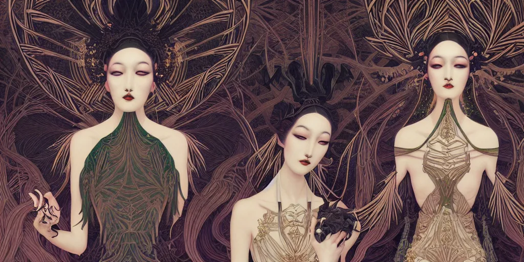 Prompt: breathtaking detailed concept art painting art deco pattern of goth goddesses amalgamation cannabis, by hsiao - ron cheng, bizarre compositions, exquisite detail, extremely moody lighting, 8 k