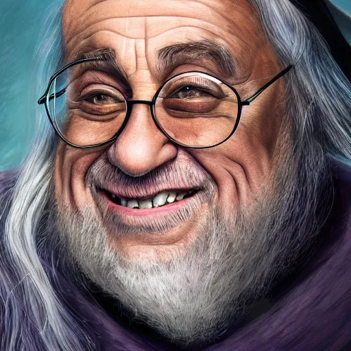 Image similar to portrait danny devito as gandalf, deviantart, smile, ultra realistic illustration, final fantasy, high quality, full color