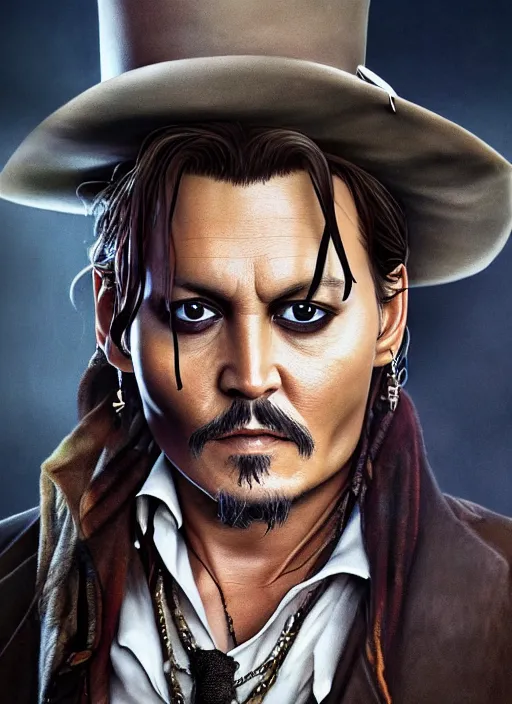 Image similar to portait of Johnny Depp, sharp focus, illustation, stunning lighting, realistic character concept, light atmosphere, golden ration, cinematic lighting, high resolution, insanely detailed and intricate, art by Hayao Miyazaki and Matt Groening, 8k