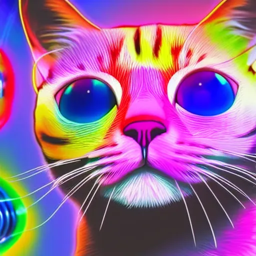 Prompt: a cat wearing a VR headset, trippy colors