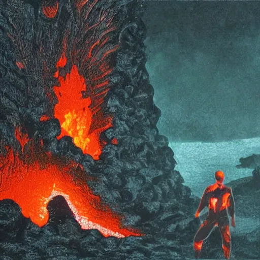 Image similar to head of kirby emerges from a lava lake, cave background, high detail, lava reflections, burning, dramatic shot