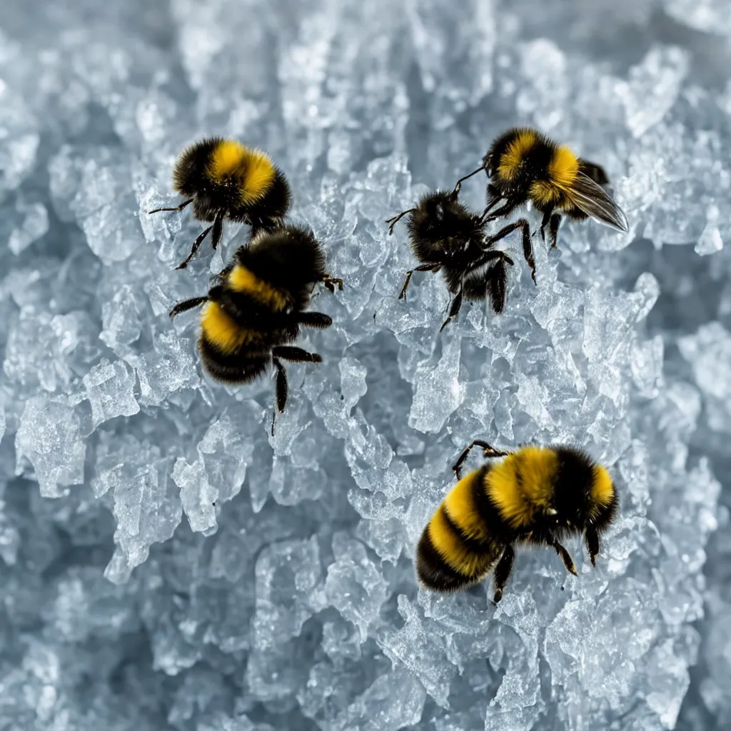 Prompt: a nature photograph macro shot of a bumblebee pollinating a frozen ice flower. snow in the background