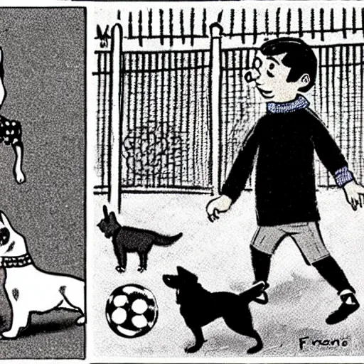 Image similar to illustration of french boy on the streets of paris playing football against a corgi, the dog is wearing a polka dot scarf, comic, 1 9 6 3