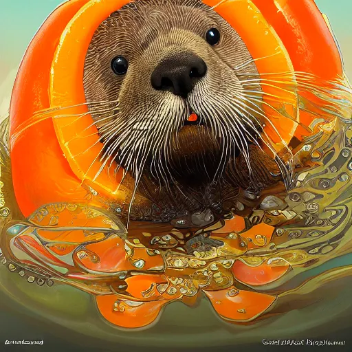 Image similar to a picture of a sea otter with an orange bell pepper on its head, full portrait, decorated with oceanic motifs, intricate, elegant, highly detailed, symmetry, headpiece, digital painting, artstation concept art smooth sharp focus, illustration, art by artgerm and greg rutkowski alphonse mucha 8 k